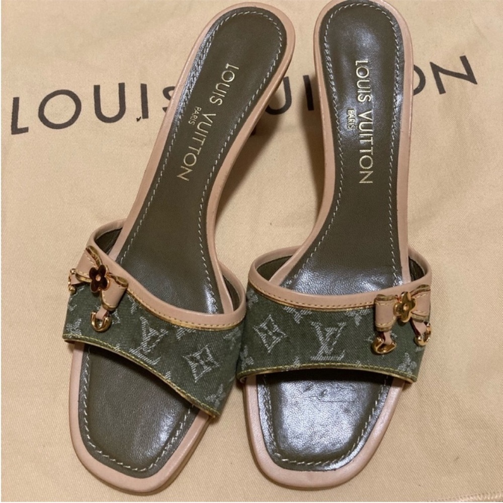 Louis Vuitton Green Slide Sandals with Monogram Canvas